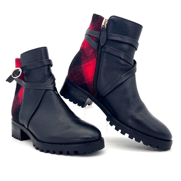 Talbots Black Leather Ankle Boots Womens Size 5M Red Plaid Accent Zip & Buckle - Picture 1 of 14